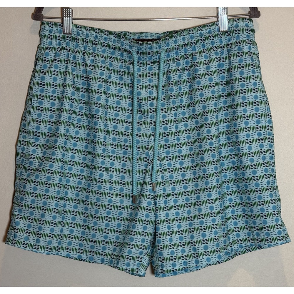 Vilebrequin Men's XL Blue Green Geometric Fish Swim Trunks Drawstring Perfect